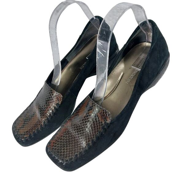 ENZO ANGIOLINI! BLACK GENUINE SUEDE LEATHER, BROWN LIZARD INSET LOAFER HEELS! 8M - Picture 10 of 10